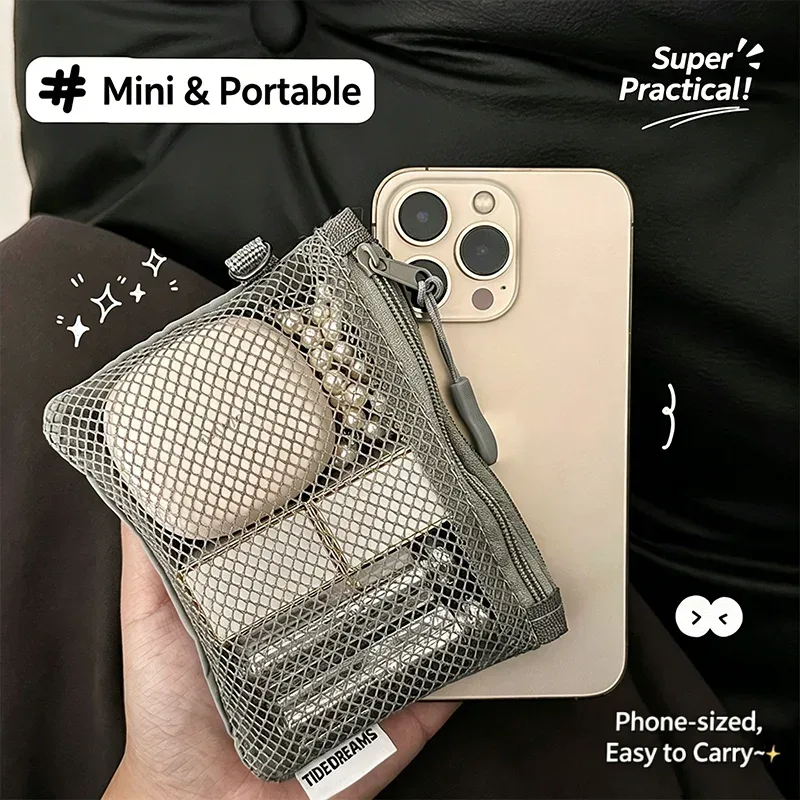 1 pièce Mini pochette de rangement durable couleur unie à double fermeture éclair, carrée, pour enfants, porte-monnaie portable en maille pour rouge à lèvres, écouteurs et clés