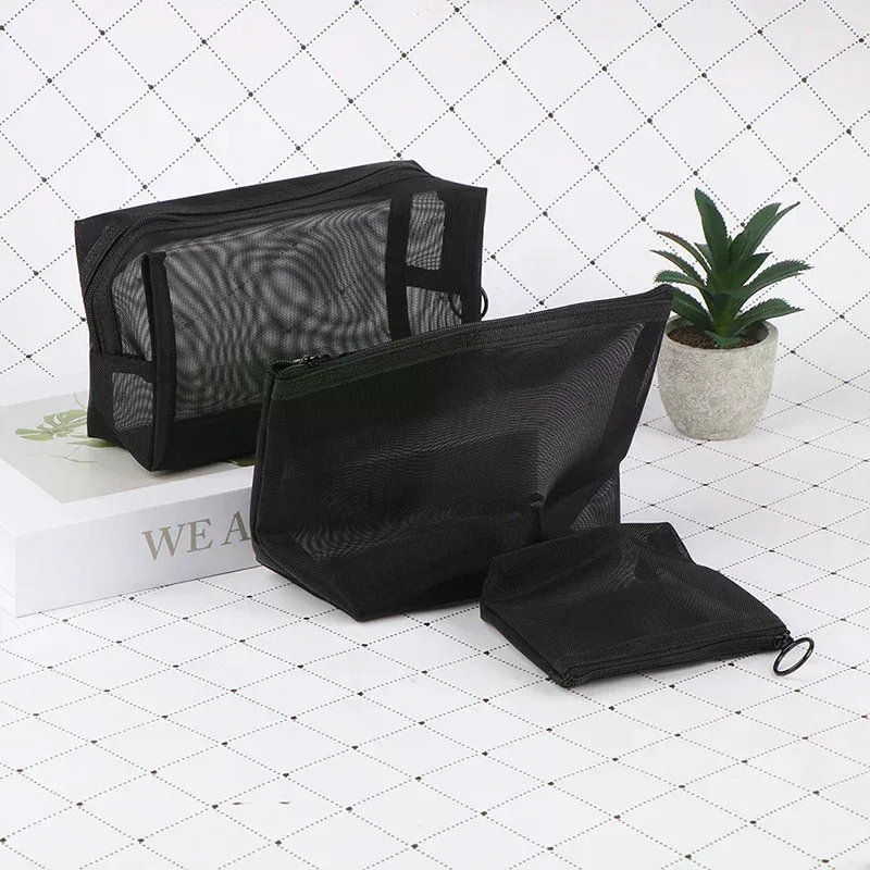 trousse de maquillage transparente en maille à 3 tailles, organisateur de rangement, pochette de voyage pour femmes, sac cosmétique décontracté à fermeture éclair, trousse de toilette