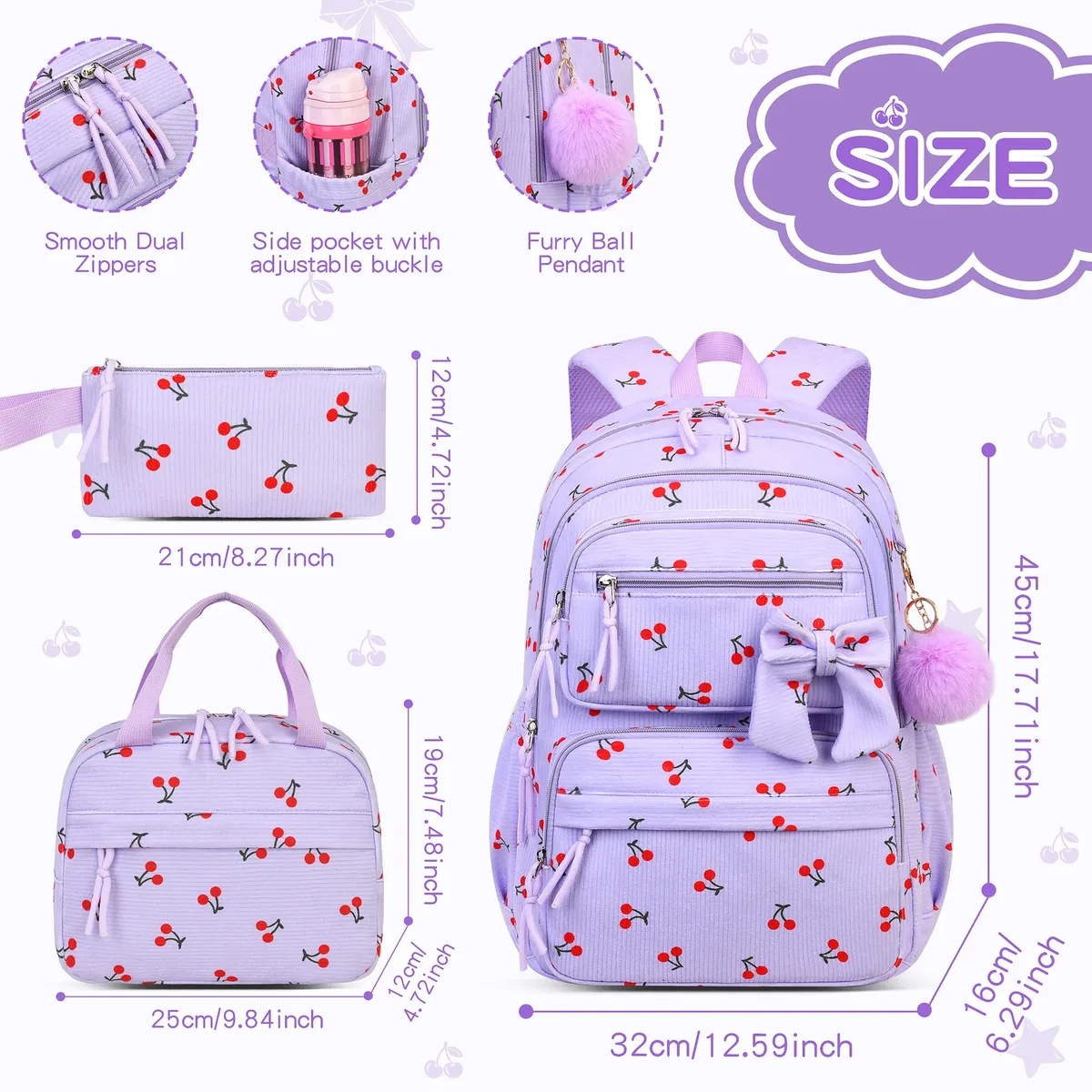 ensemble de 3 pièces : sac à dos scolaire pour filles motif cerise, sac à dos en velours côtelé pour écolière, sac à livres pour enfants, sac à déjeuner et trousse à crayons.