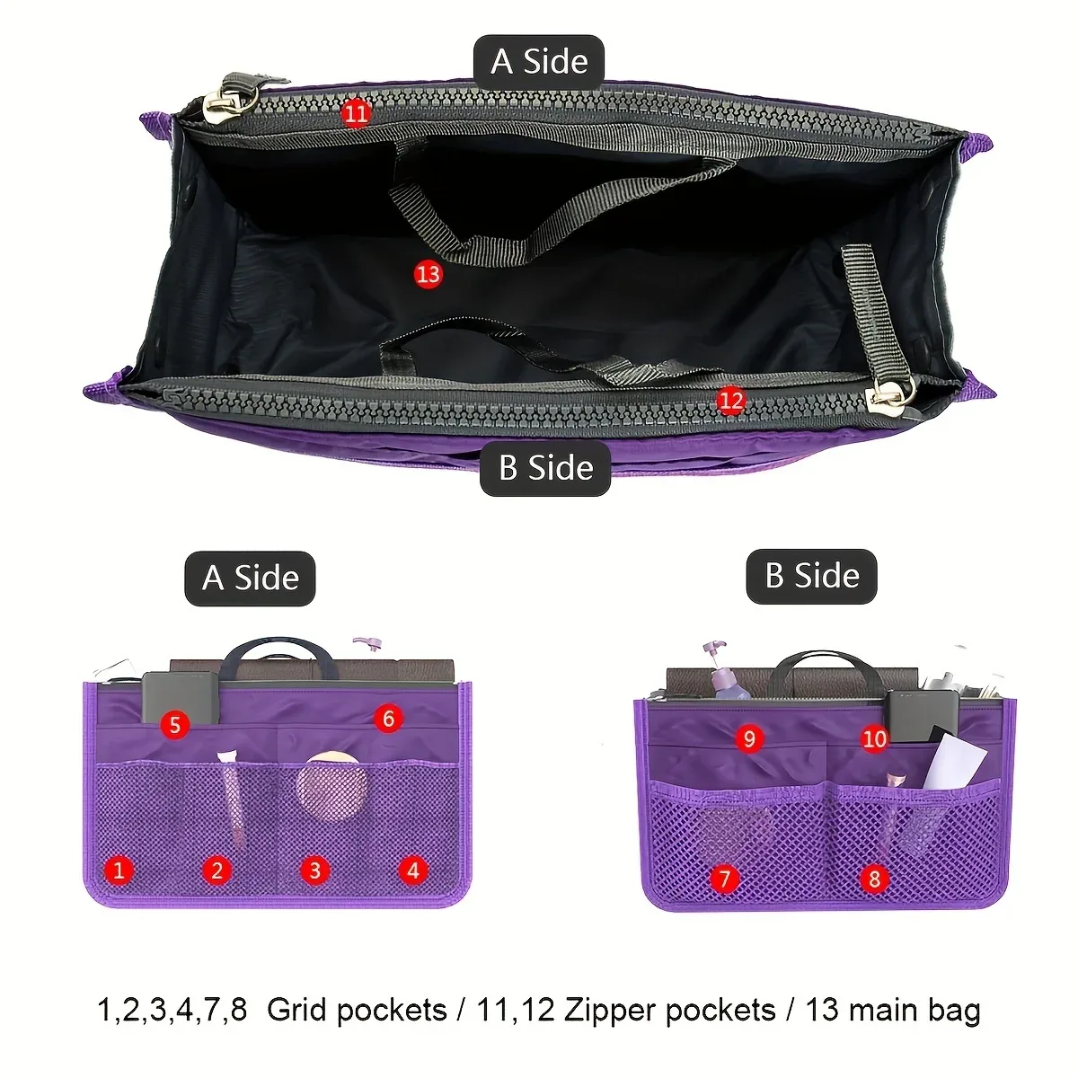 sac de rangement multifonctionnel à deux volets, double fermeture éclair, grande capacité, arrangement de rangement, maquillage, articles de toilette, grand sac de classification
