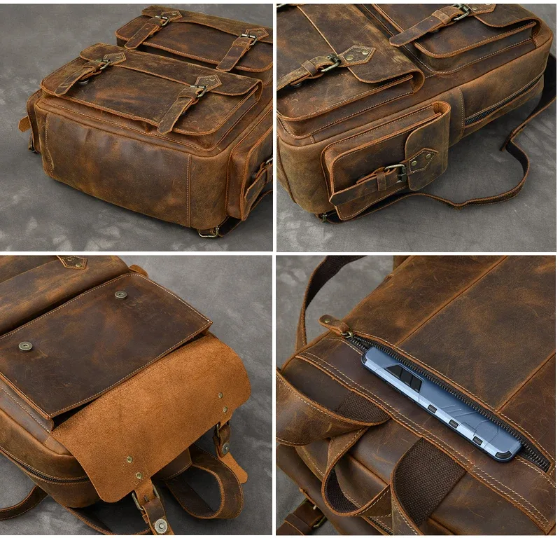 vintage crazy horse sac à dos en cuir véritable hommes sac à dos en peau de vache randonnée sac à dos 17 "sac pour ordinateur portable mâle voyage sac à dos grand m815