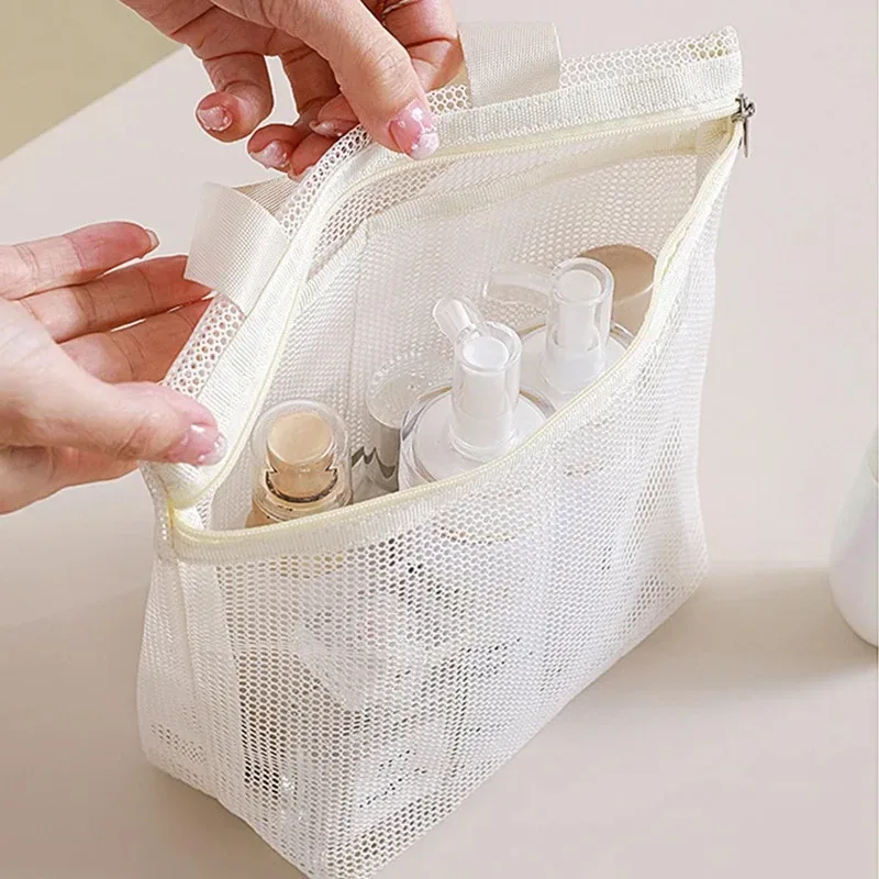 trousse de maquillage en maille imperméable portable, pochette organisateur cosmétique pour femme, sac de rangement quotidien pour voyage et activités extérieures