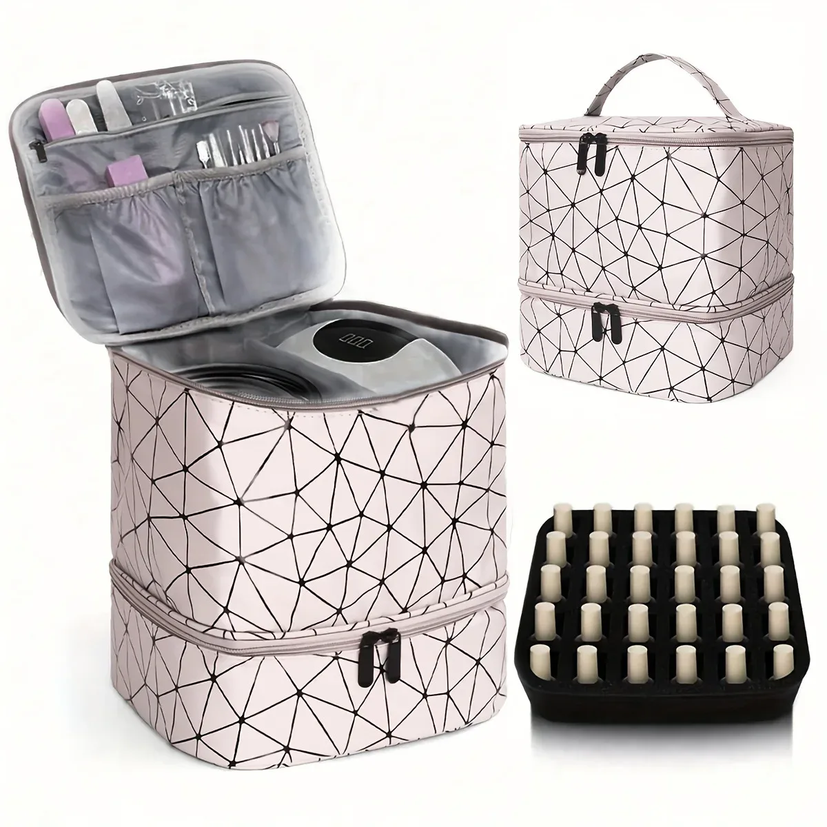 organisateur de vernis à ongles avec lumière uv intégrée, étui de transport double couche pour vernis à ongles, capacité de 30 flacons, sac de rangement, kit de manucure