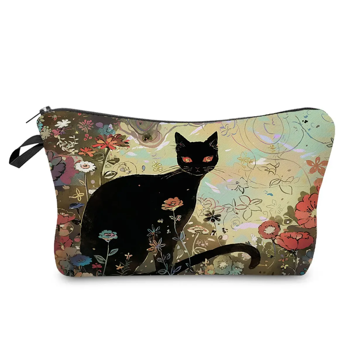 sacs de maquillage college chat noir pour femmes, sacs de rangement portables de voyage, impression d'animaux kawaii décontractés, sacs à cosmétiques double face avec fermeture éclair