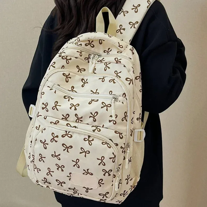 ensemble de 3 pièces de sac à dos mignon de grande capacité, mode coréenne, sac imprimé avec nœud, sacs en nylon, cartable d'étudiant, sac à dos de voyage à sangle réglable
