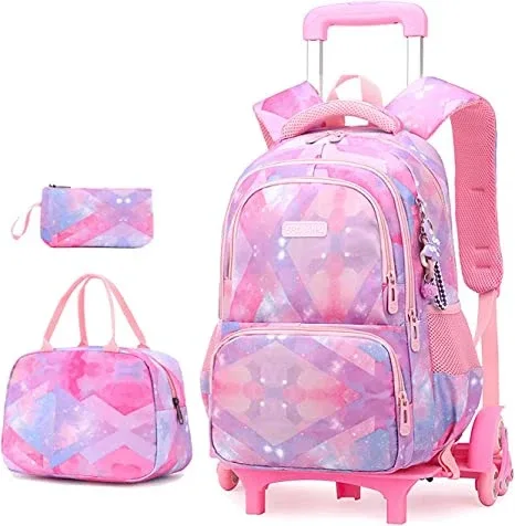 sac de chariot d'école, ensemble de sac à dos à roulettes pour filles, ensemble de sacs de chariot d'école primaire 3 pièces avec sac à déjeuner, sac à stylos pour garçon