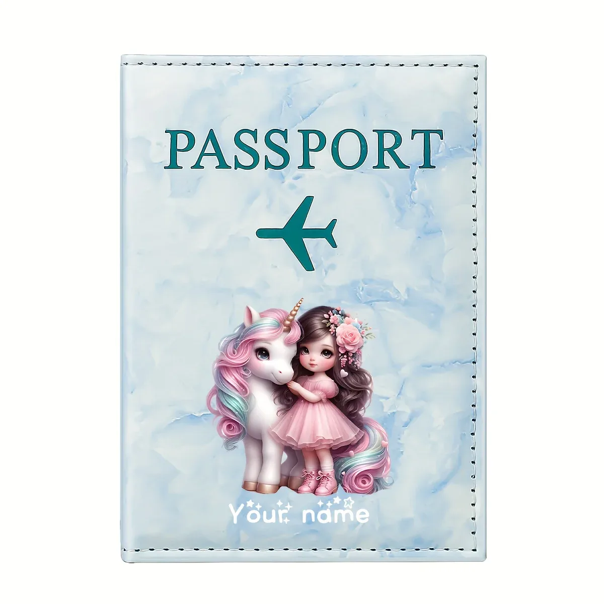 porte-passeport en pu à motif licorne pour fille, avec icône d'avion doré, porte-cartes, portefeuille de voyage, cadeau pour les voyageurs et les professionnels