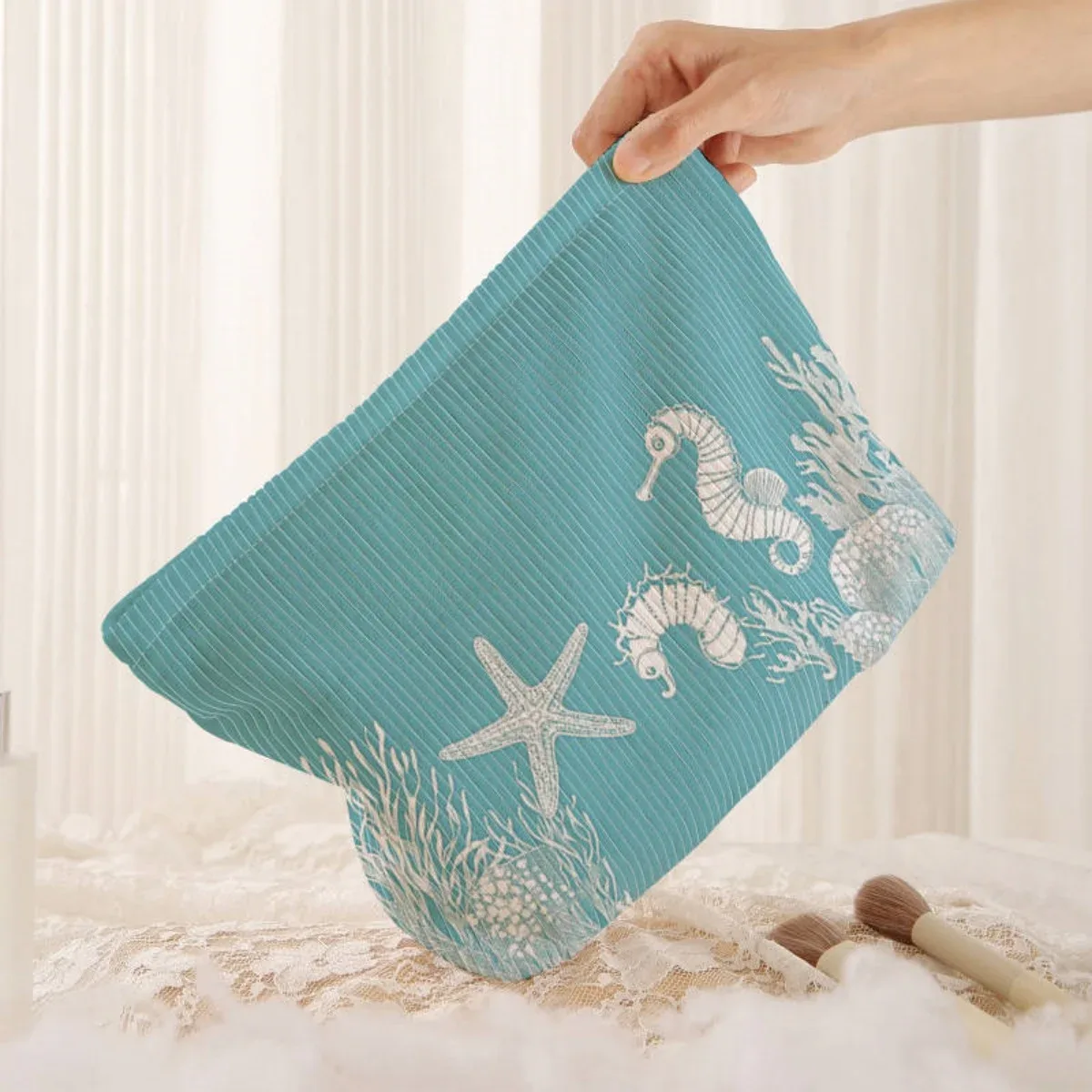 trousse de maquillage en velours côtelé à motif océan, boîte de rangement légère à fermeture éclair, sac multifonctionnel avec doublure, utilisé pour ranger les cosmétiques