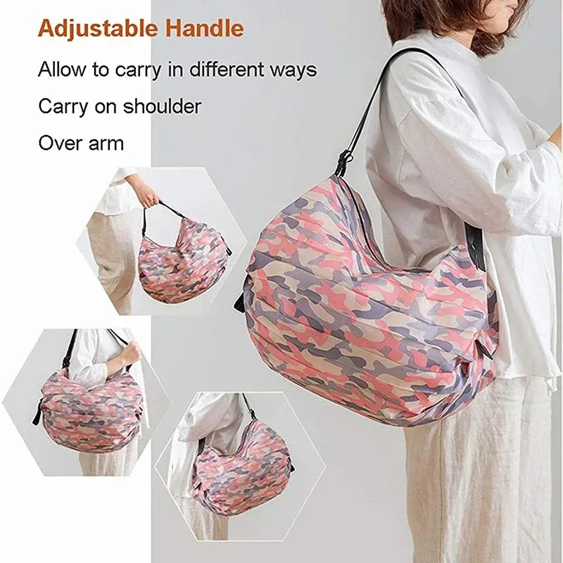 sac de rangement pliable avec poignée, sacs à main de voyage portables camouflage, sac de shopping de grande capacité