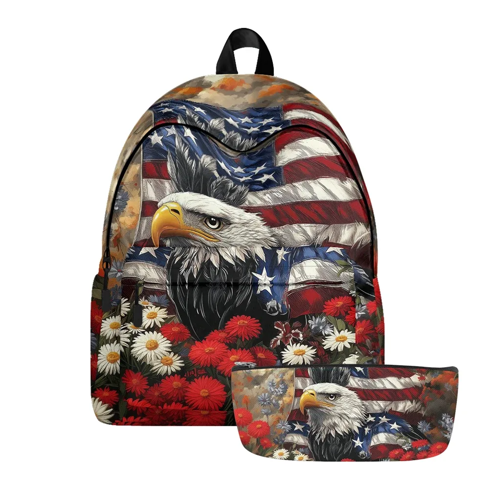 sac à dos imprimé à rayures étoiles patriotiques, aigle américain, sacs à crayons, bretelles réglables, sac d'école léger et durable, ensembles de voyage pour adolescents
