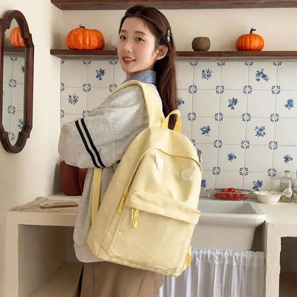 Sac à dos à pois de 2 tailles, grande capacité, poche transparente, sac à dos scolaire, motif à pois, sac à dos ailes d'ange pour filles