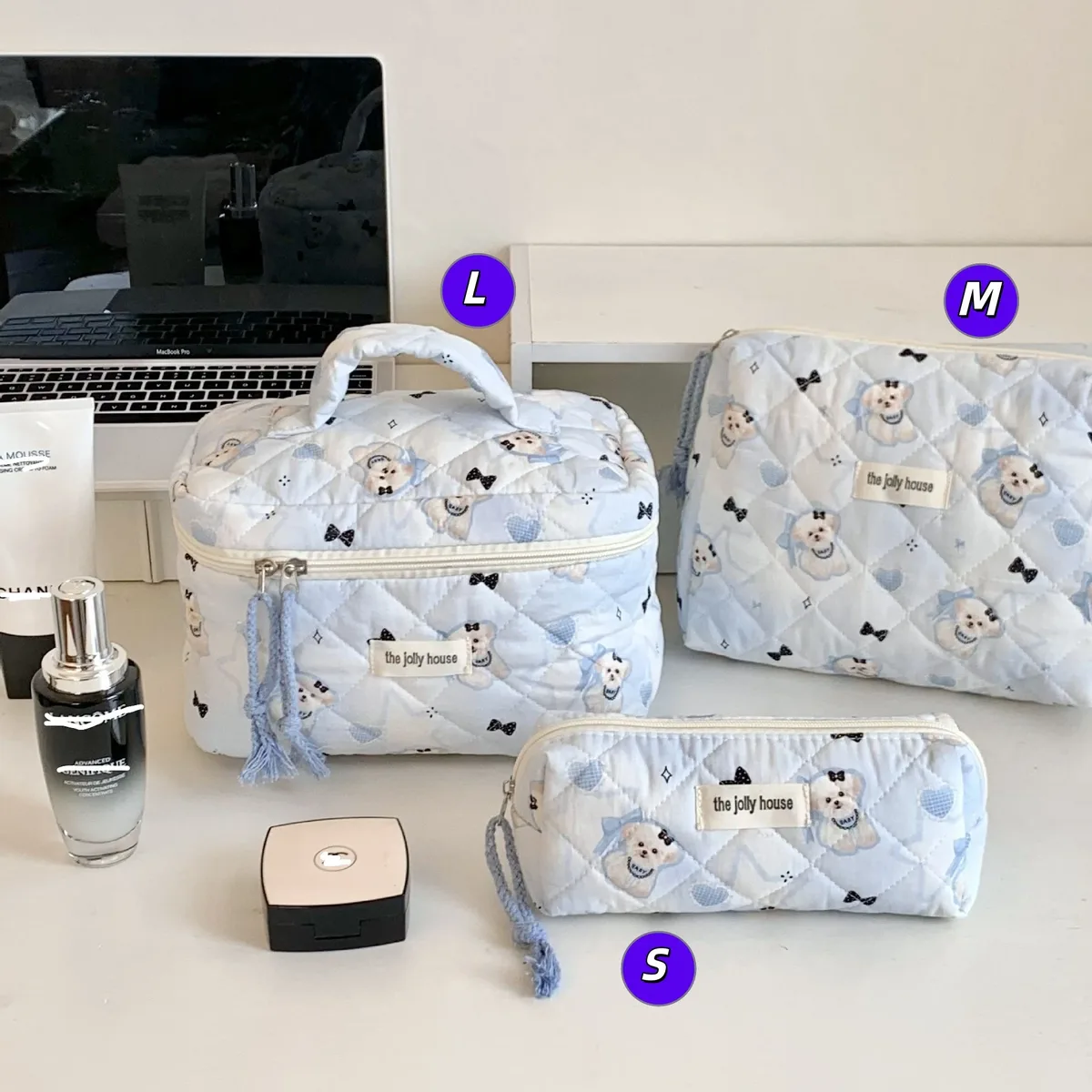 sac de rangement pour cosmétiques en coton matelassé, trousse de toilette de voyage portable, trousse de maquillage à pois vert menthe, grande capacité, style ins
