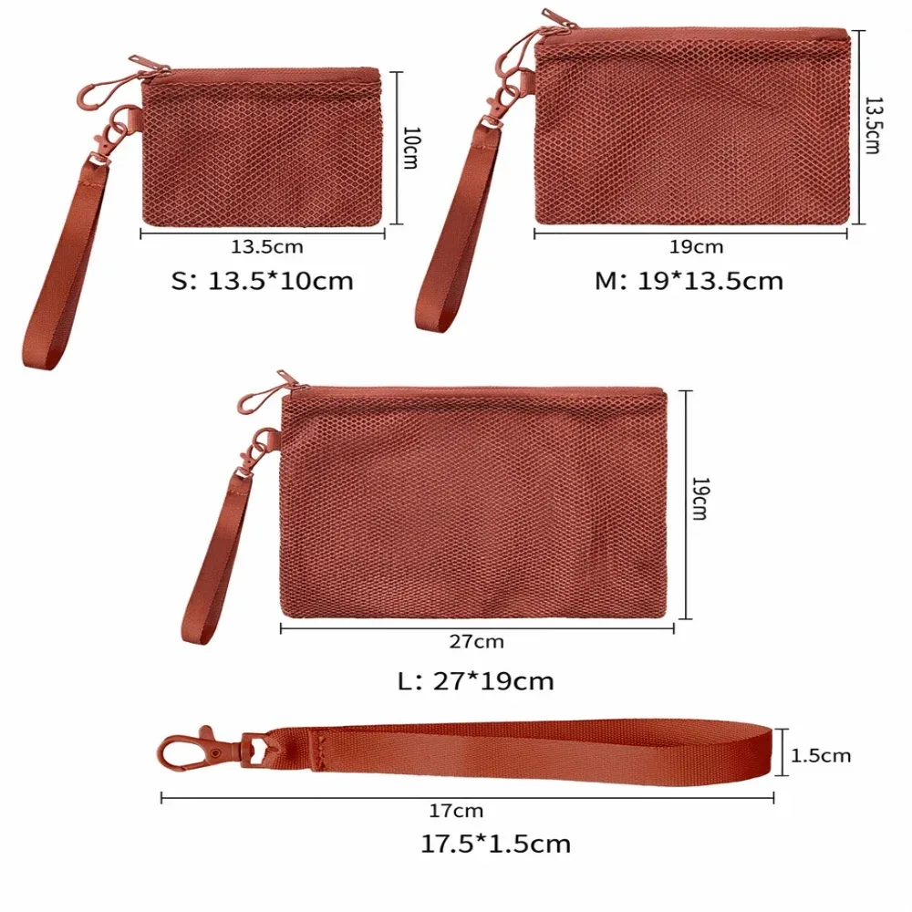 sac de rangement léger en maille, sac cosmétique en polyester de couleur unie avec fermeture éclair, porte-monnaie multifonctionnel, sac de rangement de voyage