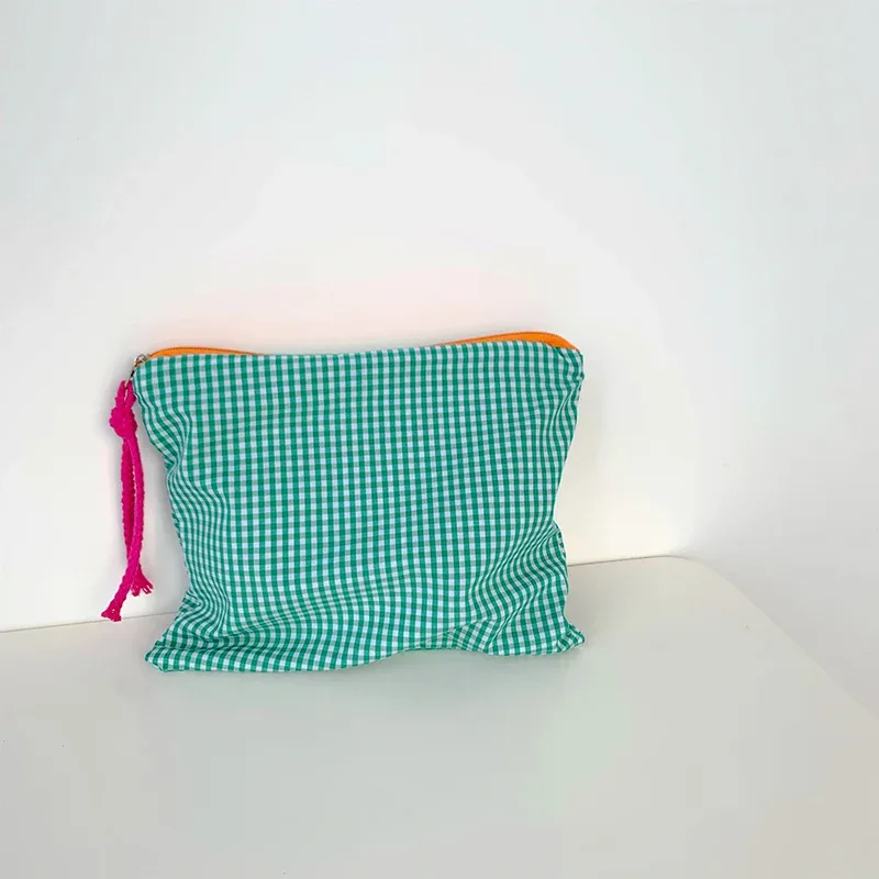 sac de maquillage à carreaux pour femmes et filles, grande capacité, sac cosmétique en coton, simple, portable, sac de rangement, pochette, sac de voyage, pochette de maquillage