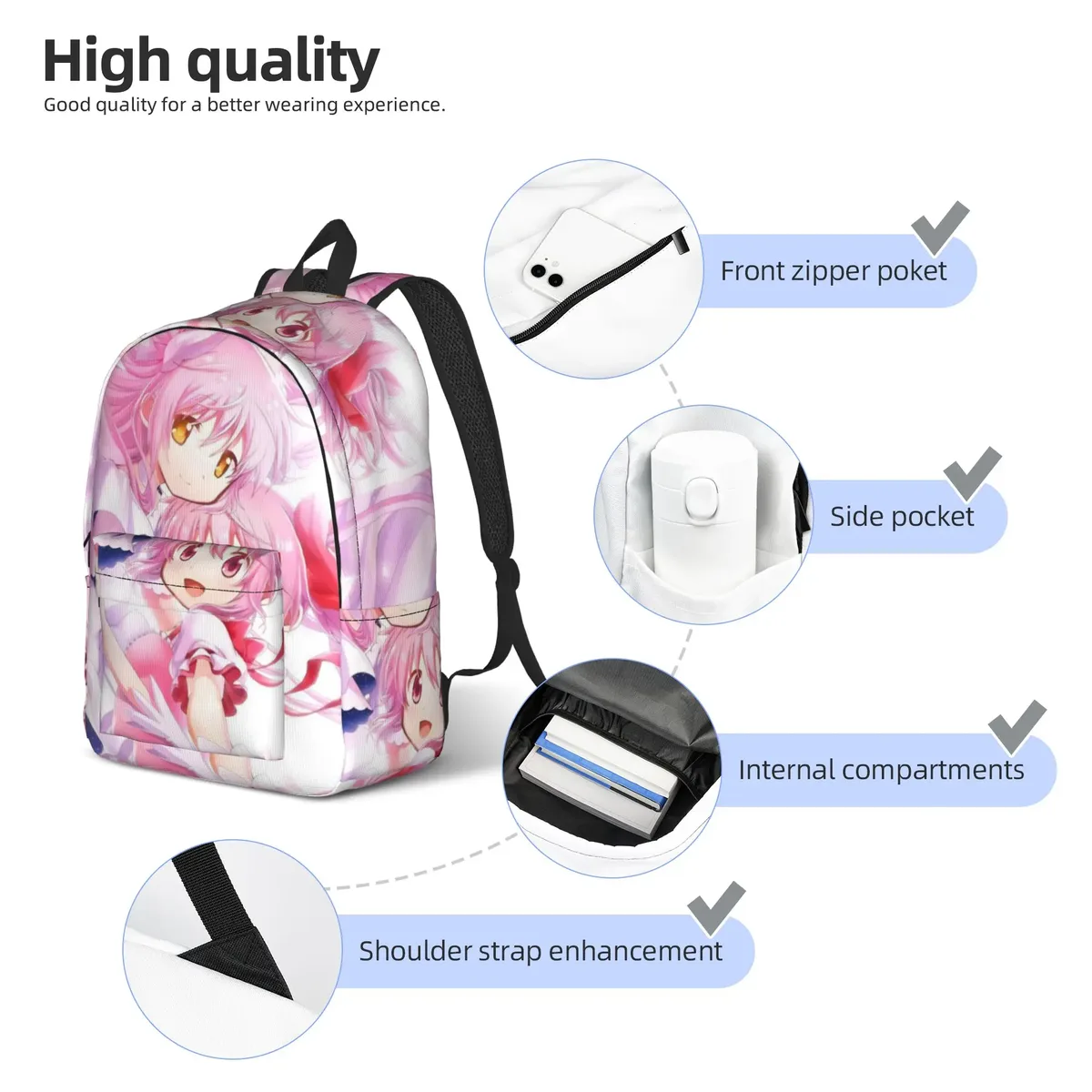 sac à dos anime puella magi madoka magica pour hommes et femmes, sac à dos d'école secondaire, sac à bandoulière pour ordinateur portable kaname madoka