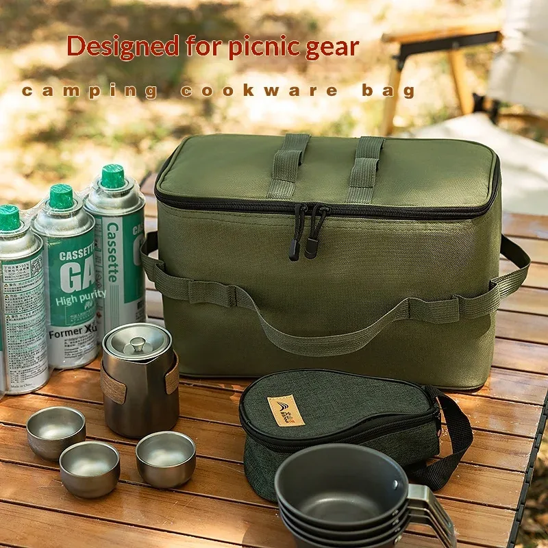 sac de rangement de camping extérieur grande capacité - sac à outils pour piquets de sol avec kit d'ustensiles de cuisine de pique-nique et organisateur de cartouches de gaz