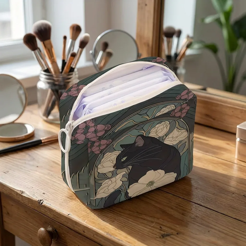 1 sac de rangement pour serviettes hygiéniques imprimé motif chat, sac léger pour mouchoirs pour femmes, sac pour mouchoirs hygiéniques