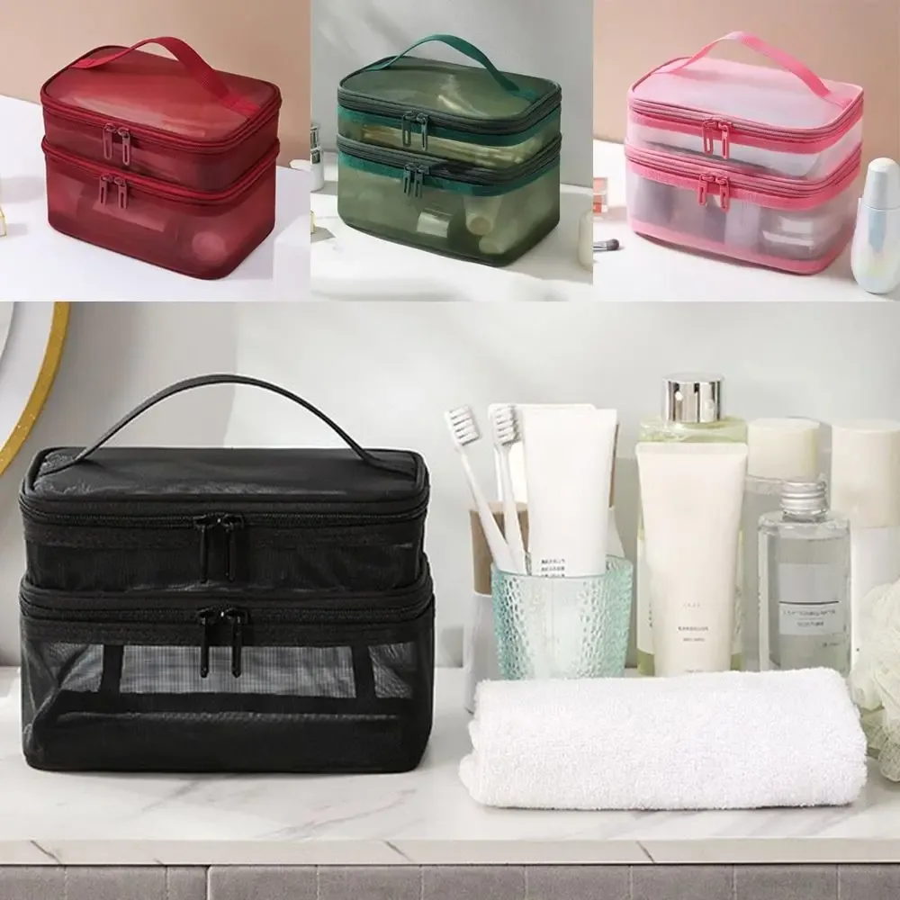 sac de voyage transparent en maille pour cosmétiques, sac de rangement à 2/3 couches, trousse de toilette de grande capacité, sac de rangement pour maquillage, gym, natation