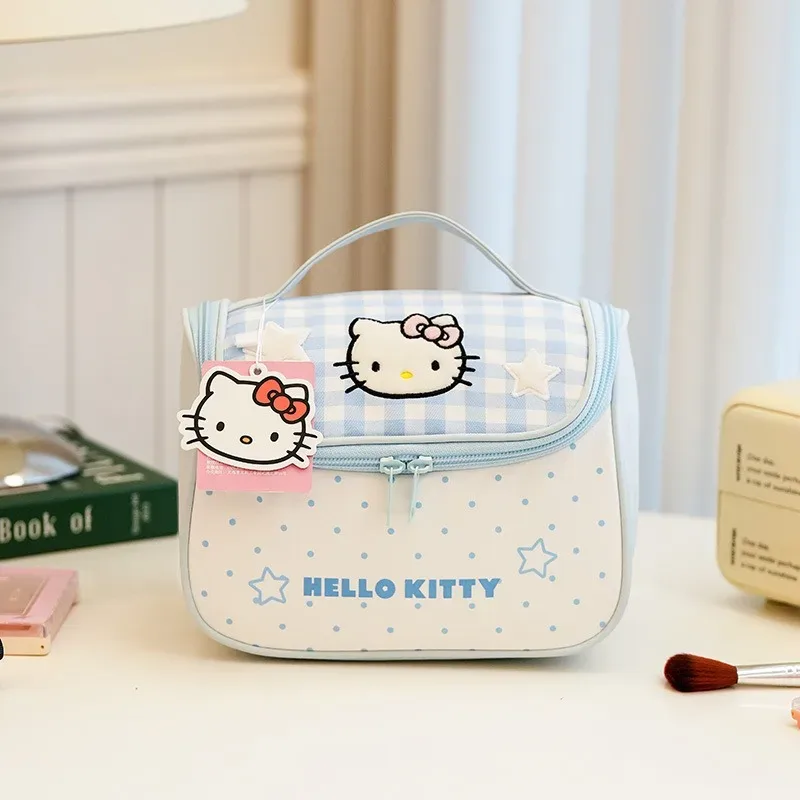 véritable trousse de maquillage hellokitty, trousse de toilette à motif à pois, compartiment multifonctionnel, sac de rangement pour cosmétiques suspendu, sac à main.