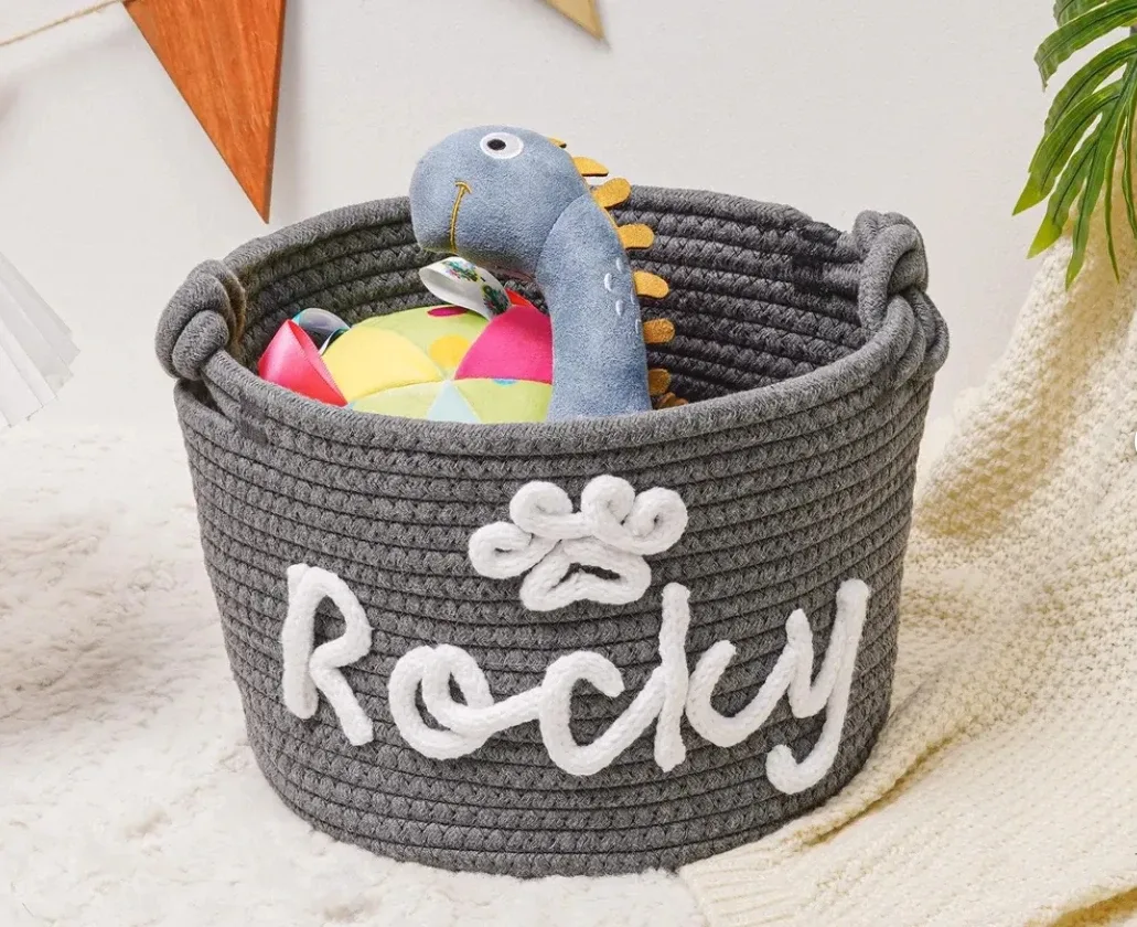 panier personnalisé pour bébé, corde brodée en coton, cadeaux pour nouveau-né, sac de rangement pour cadeau de réception-cadeau pour bébé, organisateur de jouets pour enfants