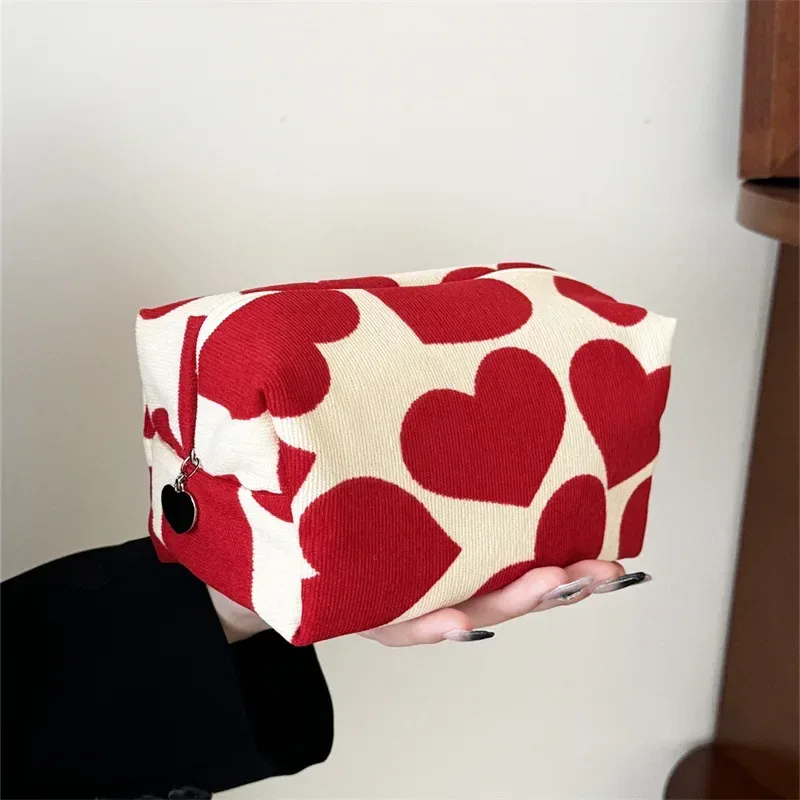 trousse de maquillage à motif imprimé cœur pour femme, grande capacité, pochette cosmétique, trousse de toilette, trousse de rangement pour produits de toilette, poudres de maquillage