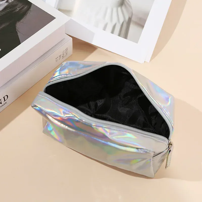 sac de maquillage laser de couleur unie, sac de rangement de lavage de voyage portable, sac de rangement de cosmétiques de toilette de grande capacité à la mode