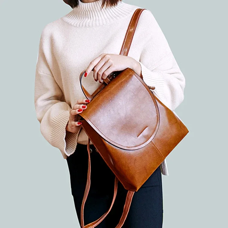 Sac à dos en cuir véritable pour femmes, à bandoulière, à la mode, en cire d'huile, sac de jour