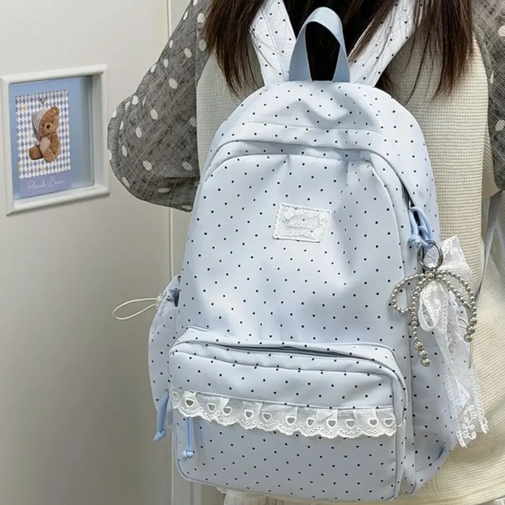 sac à dos à pois élégant avec nœud minimaliste et bordure en dentelle, grande capacité, léger, pour étudiants, école et voyage