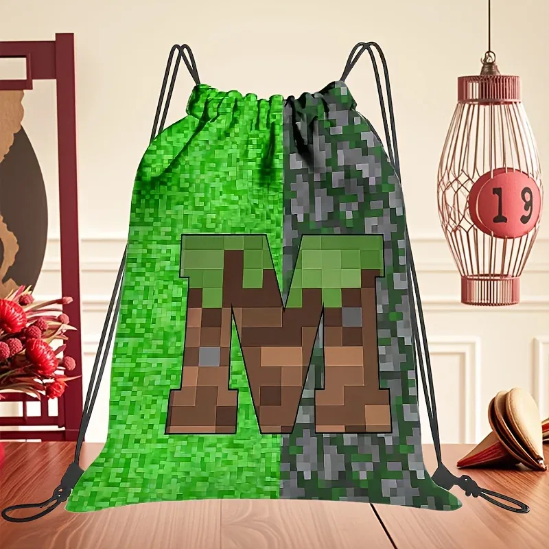 sac à dos à cordon de serrage de grande capacité pour jeux vidéo, avec lettrage pixelisé, unisexe, motif géométrique multicolore, 1 pièce