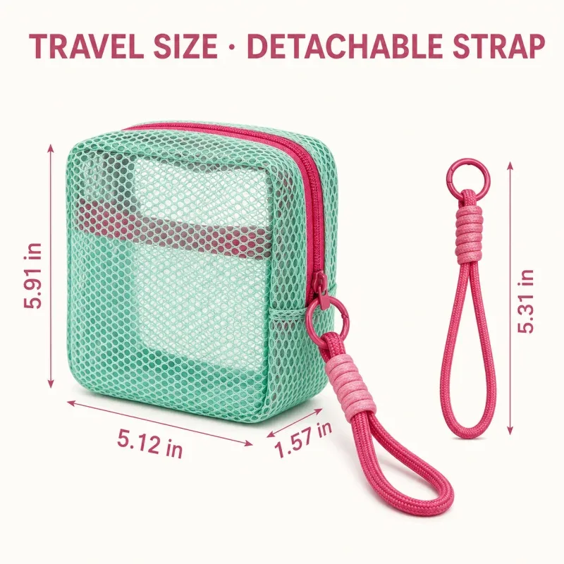 mini pochette de rangement en maille avec sangle de poignet, fermeture éclair transparente, sac de voyage de plage pour cosmétiques, clés, écouteurs, petits accessoires, 4/1 pièce