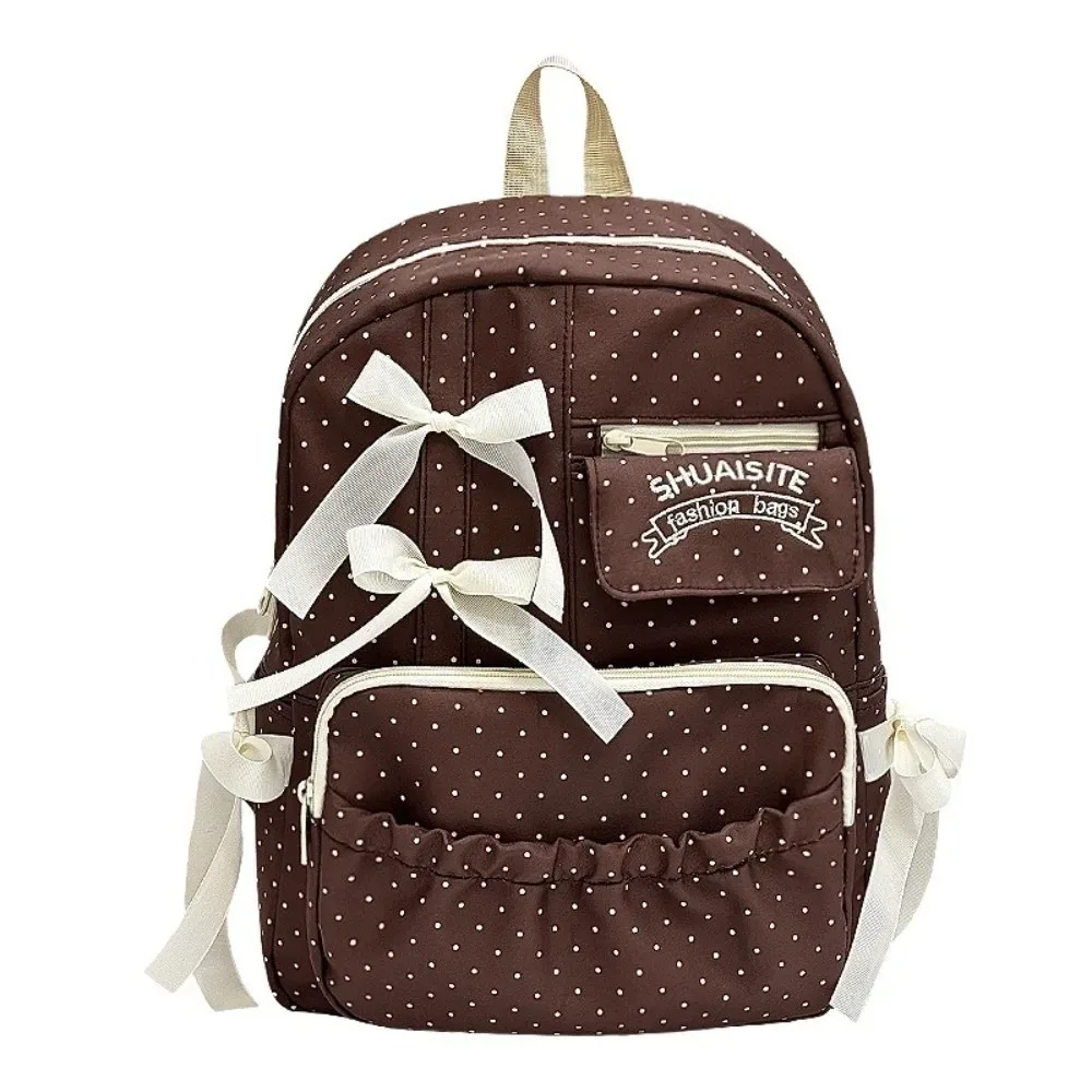 sac à dos en nylon à pois avec nœud, multi-compartiments, grande capacité, doublure en polyester, fermeture éclair, sac à dos de voyage
