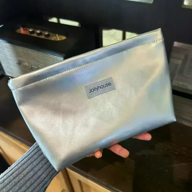 trousse de maquillage portable grande capacité en pu argenté, trousse de toilette multifonctionnelle avec fermeture éclair, sac cosmétique polyvalent