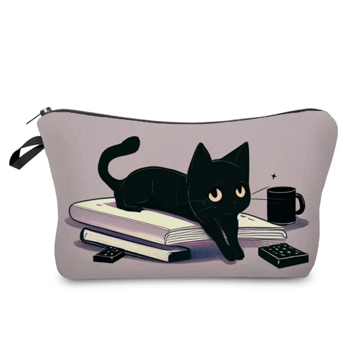 sacs de maquillage college chat noir pour femmes, sacs de rangement portables de voyage, impression d'animaux kawaii décontractés, sacs à cosmétiques double face avec fermeture éclair