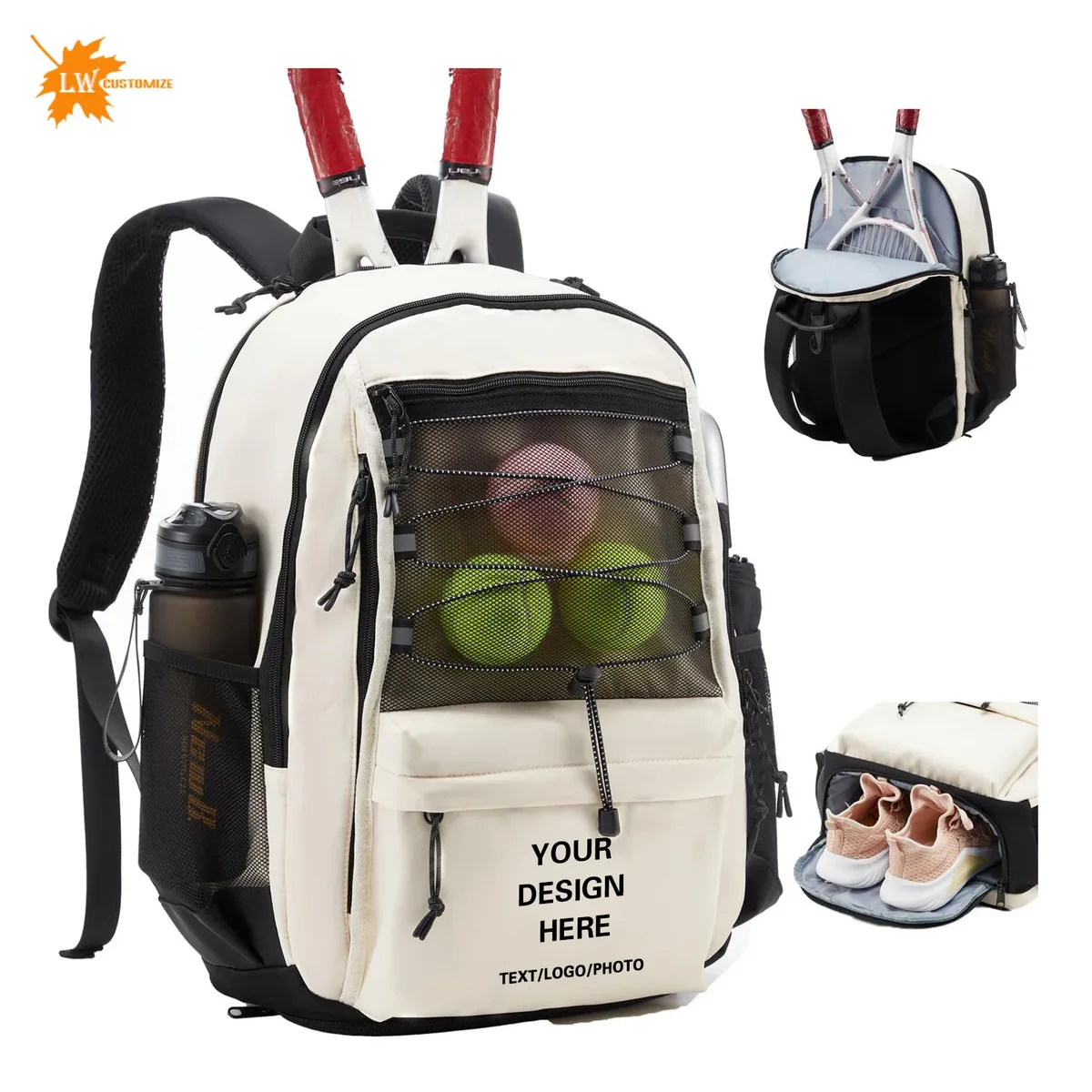 Sac de raquette personnalisé avec logo imprimé, sac à dos de raquette de sport, sac de rangement de grande capacité pour chaussures, compartiment indépendant