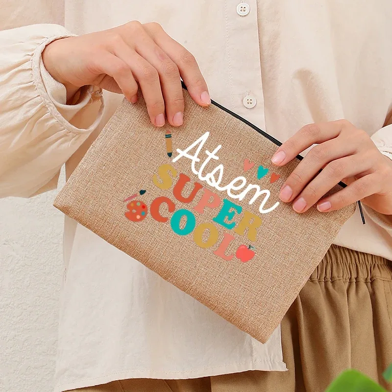 Super Atsem Maitresse – trousse de toilette en lin, fermeture éclair, fournitures de bureau, trousse à crayons, portefeuille, sacs de maquillage polyvalents, cadeau pour les enseignants