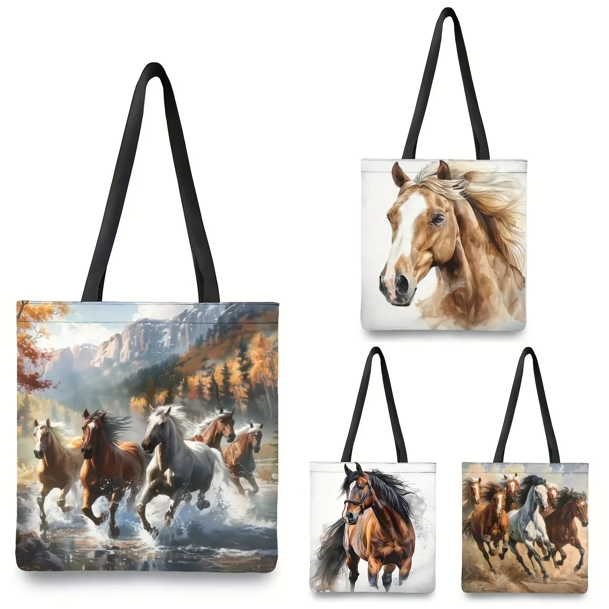 sac fourre-tout imprimé cheval dynamique |   1 pièce |   lin |   grande capacité, durable |   travail, école, 