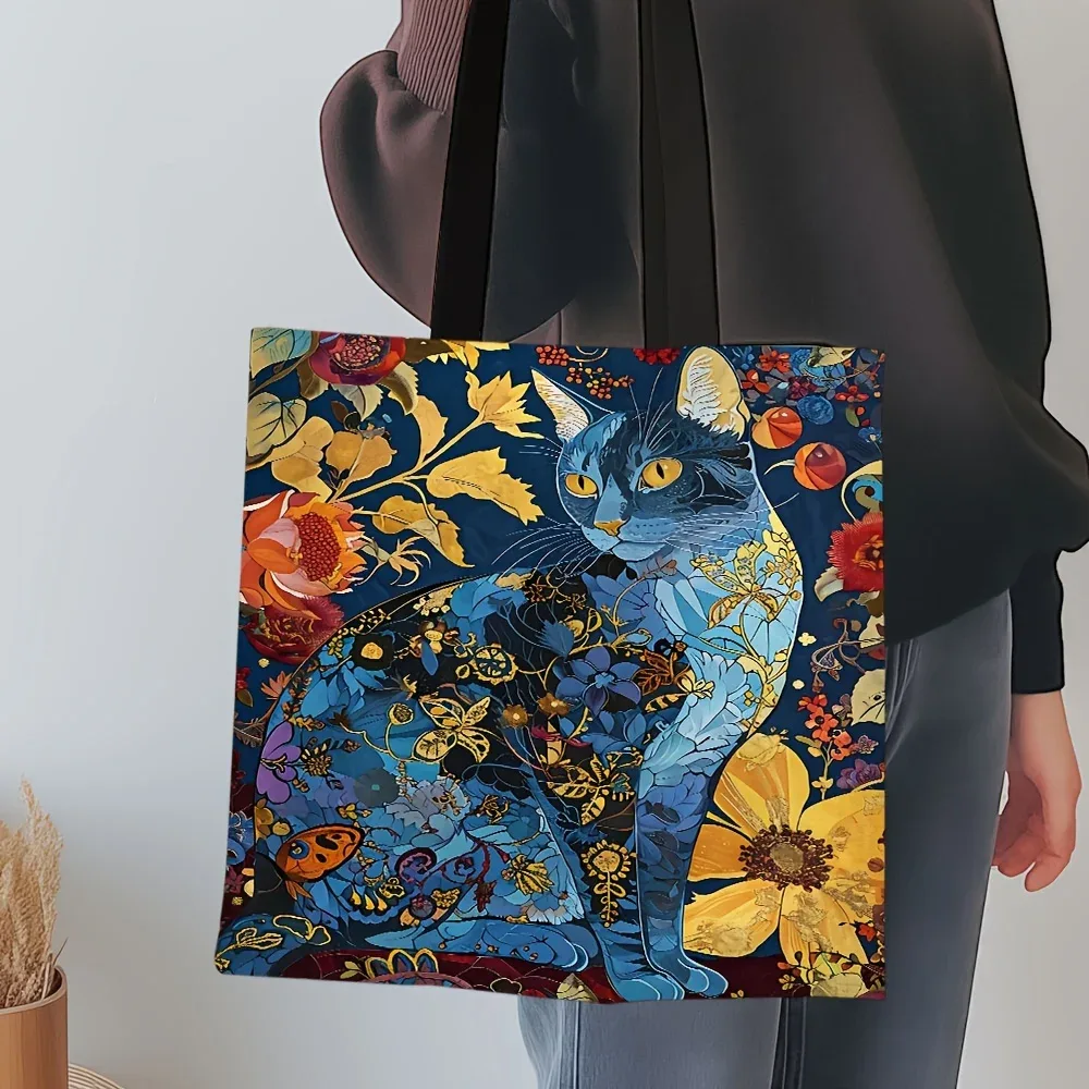 1pc abstrait chat sac fourre-tout mignon peculiar petit animal sac à bandoulière imprimé lin eco sac à main shopping bureau sacs décontractés réutilisables