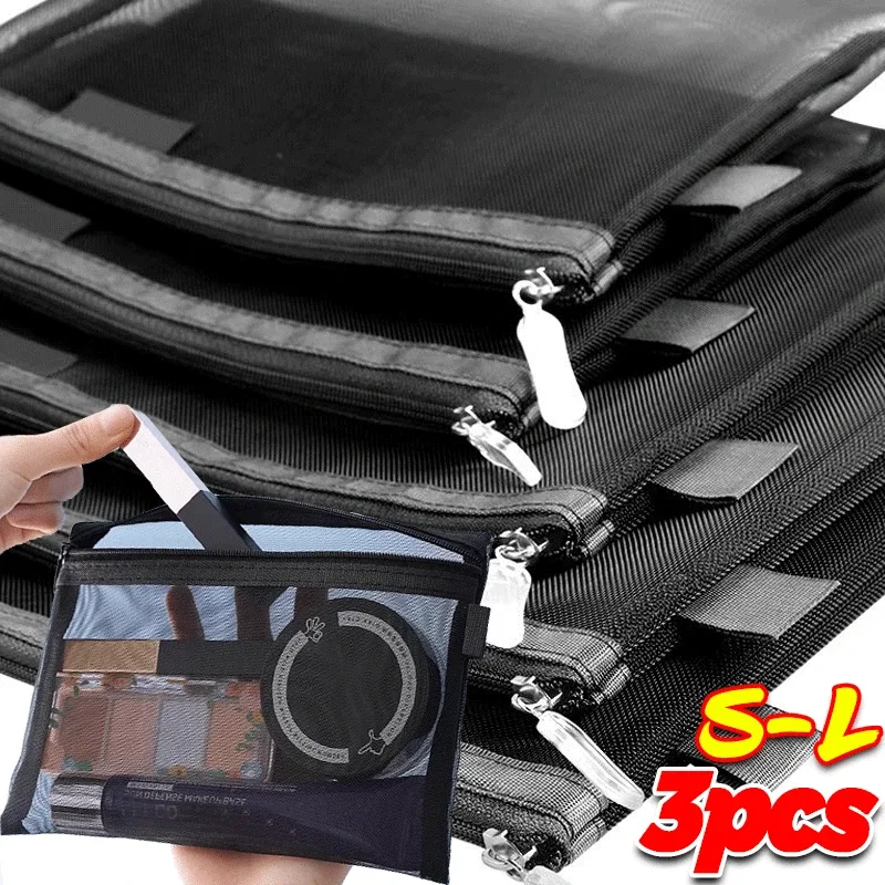 sacs à cosmétiques en maille noire, organisateur de toilette de voyage portable, pochette de rangement de roug