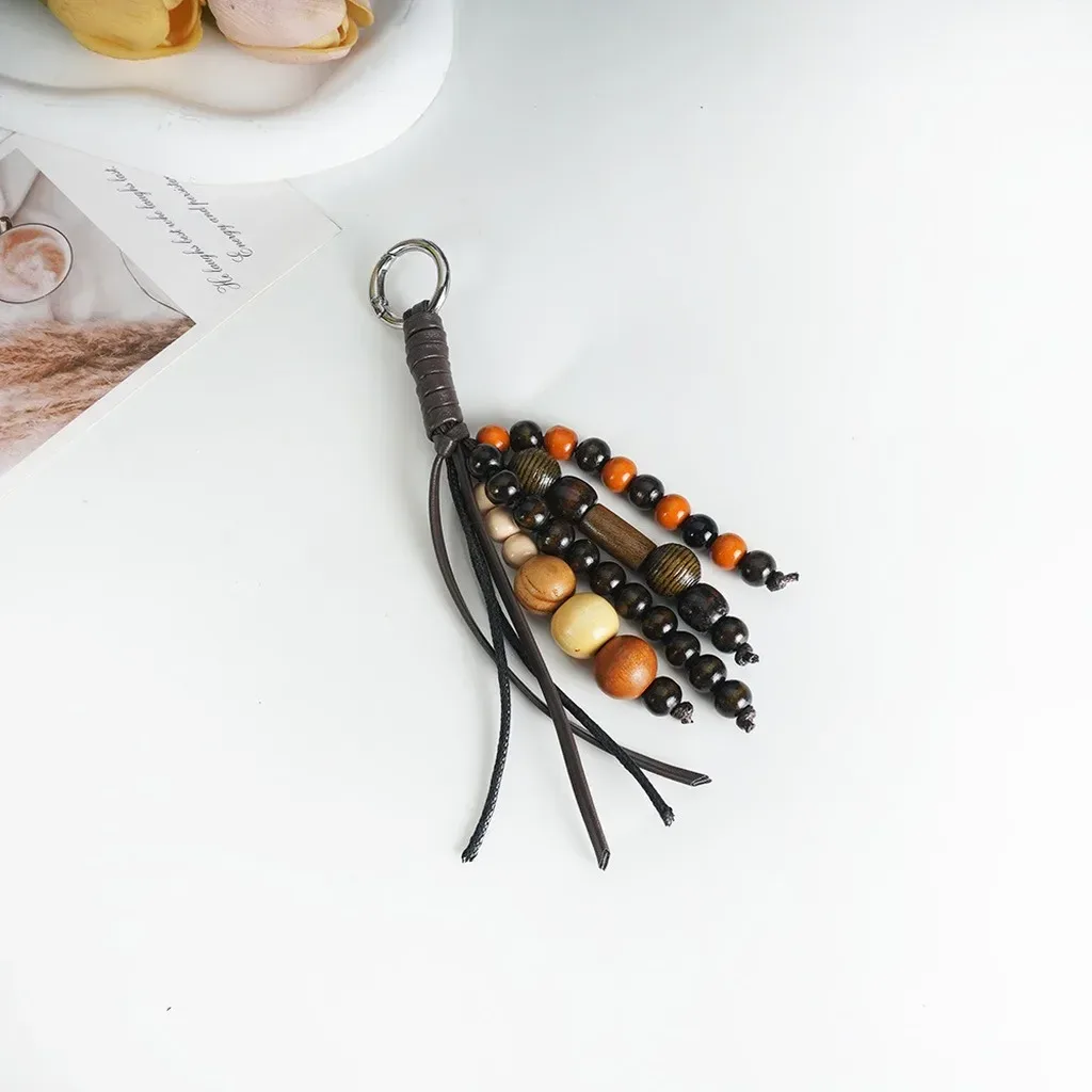 porte-clés vintage exquis en perles de bois naturel, pendentif de sac, breloque ethnique tissée à la main pour clés de maison, sac à dos, cadeau