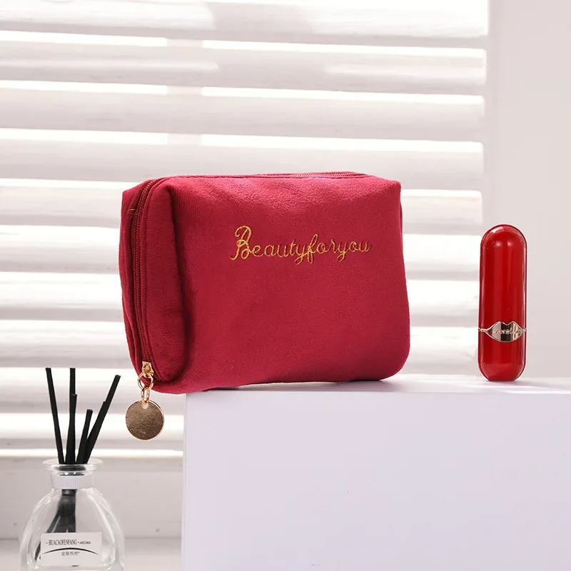 sac à cosmétiques pour femmes, fermeture éclair, lettre en velours brodée, pochette de maquillage solide pour cosmétiques, trousse de toilette, sacs de maquillage féminins