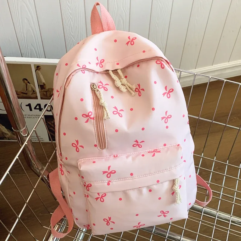 sac à dos matelassé à imprimé nœud ludique pour la rentrée scolaire, à usage quotidien, avec plusieurs poches, bretelles réglables, grande capacité