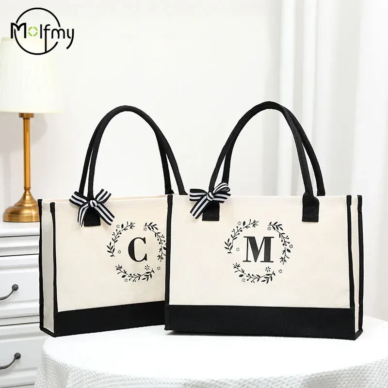 Sacs fourre-tout en toile avec lettres, sac de plage, cadeau d'anniversaire, de mariage, Boutique personnalisée, Logo d'affaires, mode, grande capacité, Shopping Bolsos