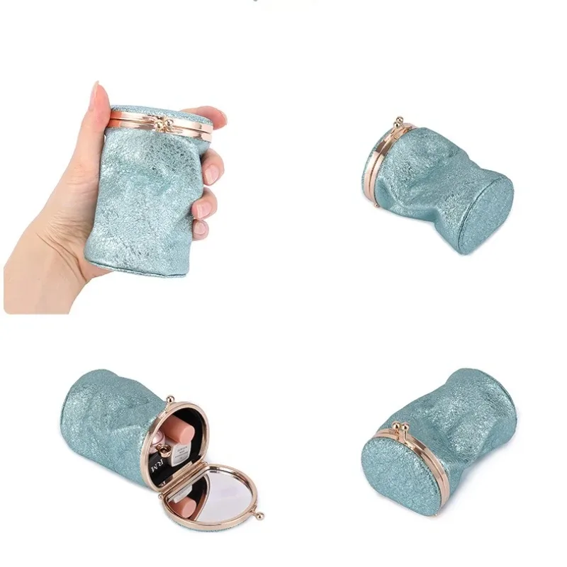mini sac à cosmétiques en cuir pour femmes, organisateur de rouge à lèvres vintage portable avec miroir, petite pochette mignonne pour sac à main, essentiels de voyage