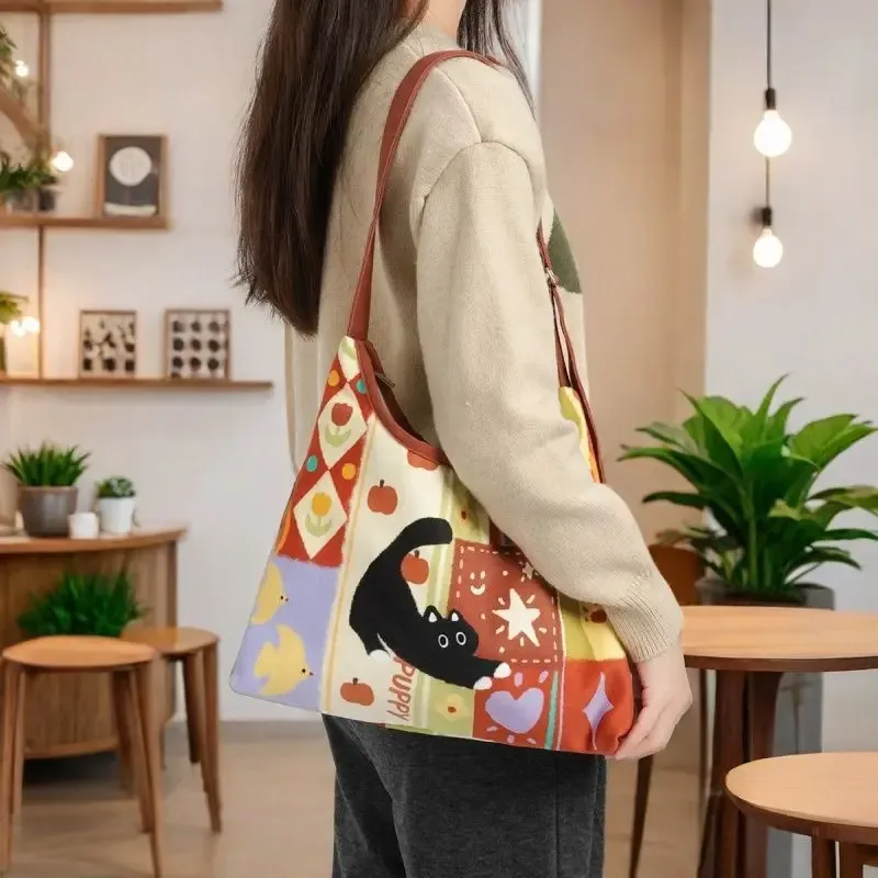 nouveau collage créatif super mignon sac à bandoulière simple adorable chat fermeture éclair paresseux voile sac en tissu culturel créatif cadeau sac à bandoulière