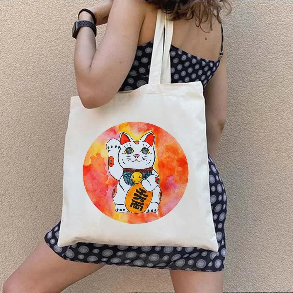 sac fourre-tout en toile à bandoulière pour le shopping, motif maneki neko, chat porte-bonheur japonais mignon, style mont fuji, style japonais, geisha de kyoto, tokyo japon