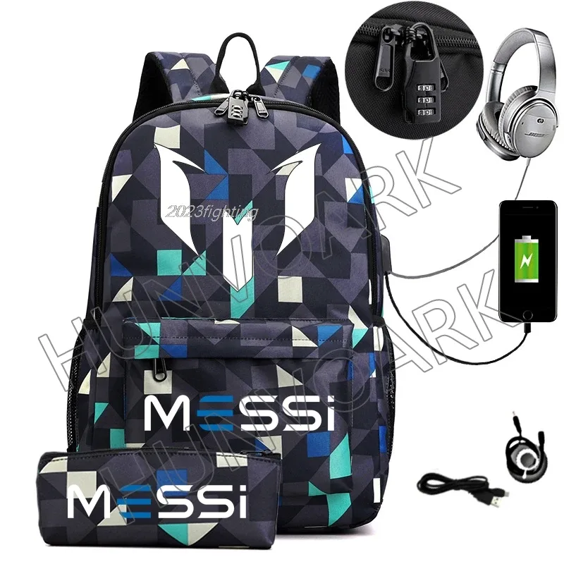 2 pièces messi sac à dos an-ti lock usb femmes hommes capacité adolescents sacs d'école pour ordinateur portable décontracté lycéens mochilas