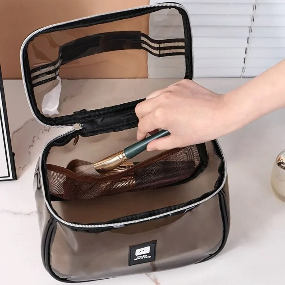 sac à cosmétiques transparent en pvc, trousse de maquillage transparente à main, grande capacité, fermeture éclair, organisateur de rangement de toilette pour femmes