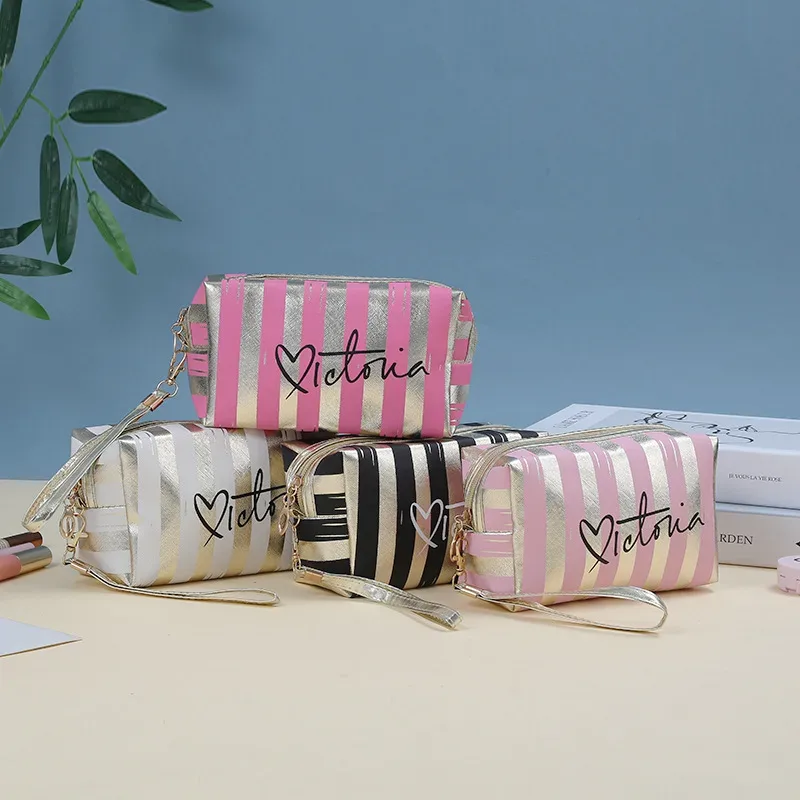 Sac à cosmétiques à la mode pour femmes, sac de maquillage Portable rayé, coréen doux Cool, sacs de rangement imperméables personnalisés