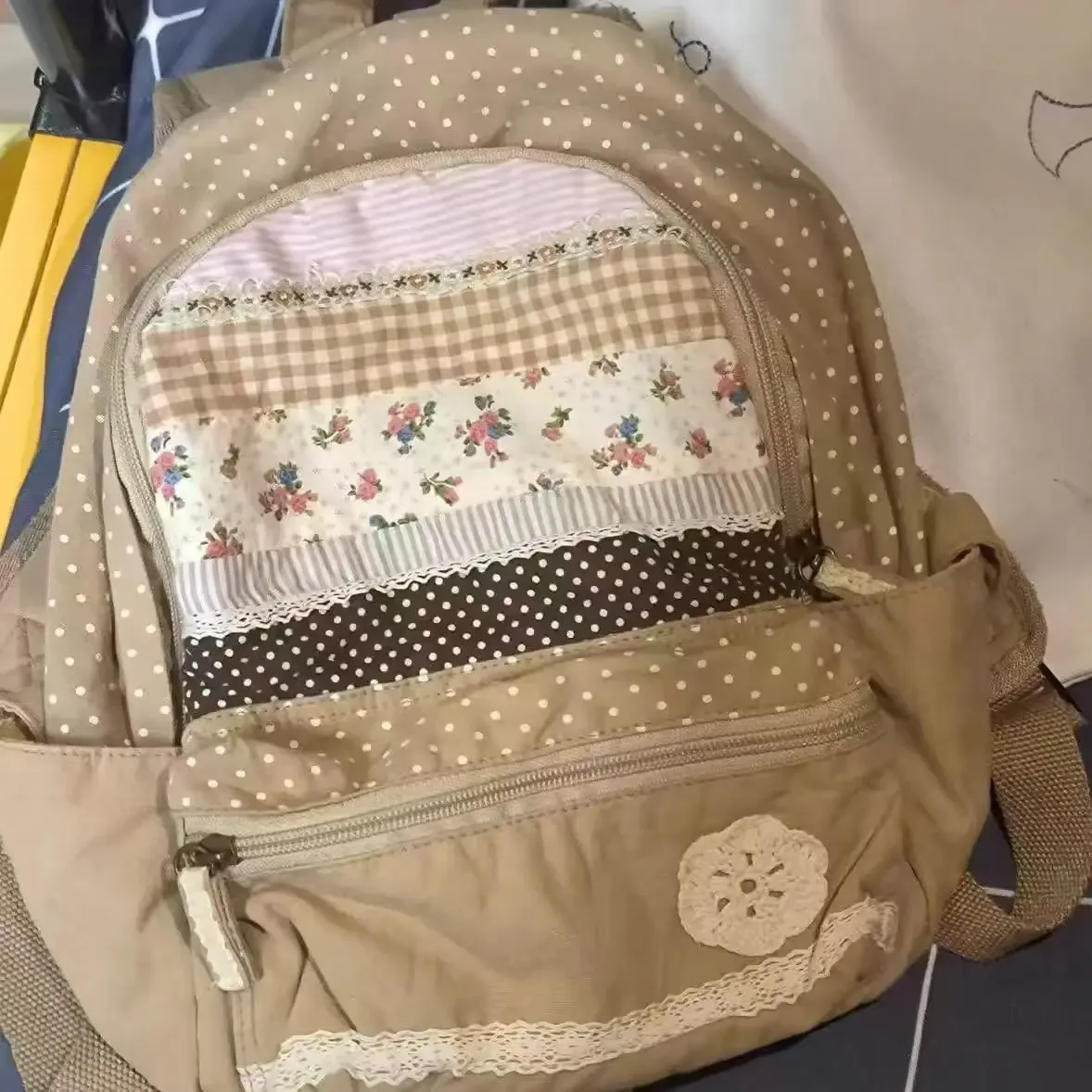 sac à dos vintage pour filles, patchwork en dentelle, mode, bureau, grande capacité, style mori girl, polyvalent