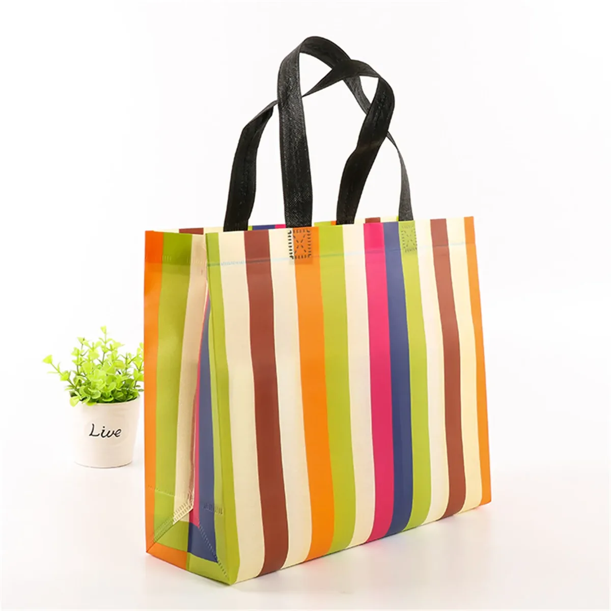 sac fourre-tout écologique en tissu non tissé, sac à bandoulière, sac à main pliable à rayures pour les voyages, les courses et les activités de plein air